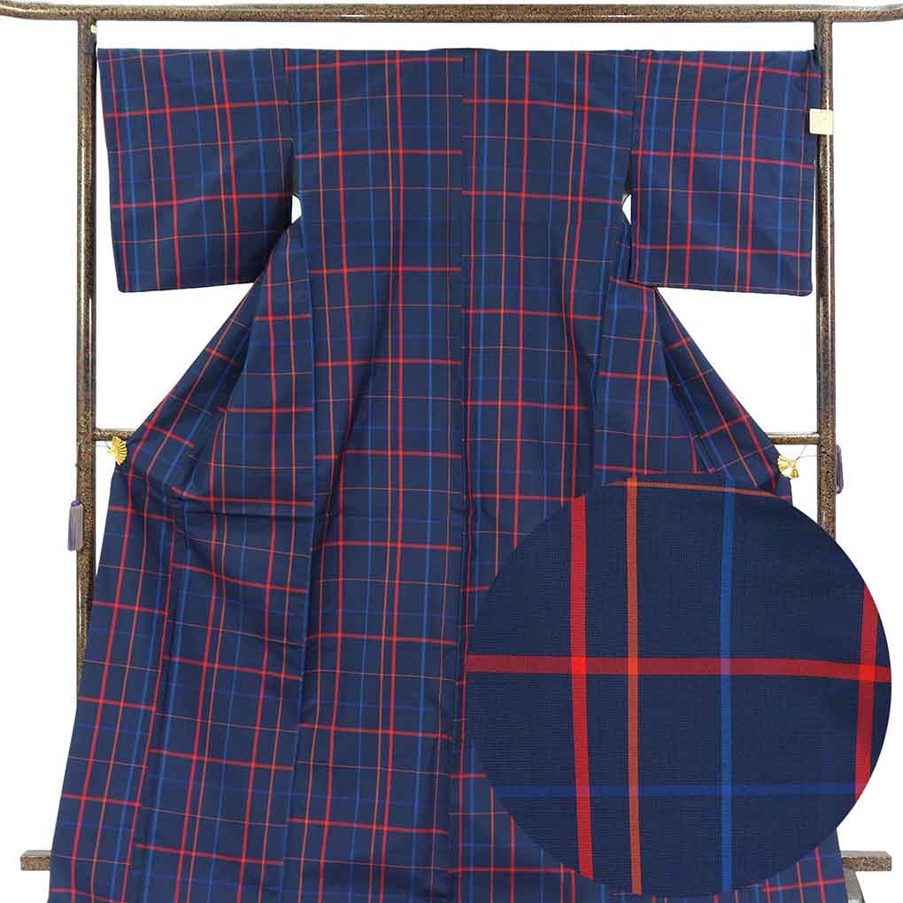紬アンサンブル リサイクル着物 羽織(コート)丈100cm 身丈177cm 裄69cm 前幅28cm 後幅31cm 袖丈49cm 袖幅35cm レディース 袷 格子 裄長 裄L-LLサイズ 秋冬春用 正絹(シルク)ネイビー トールサイズ やや難 リメイク リユース【ランクB】