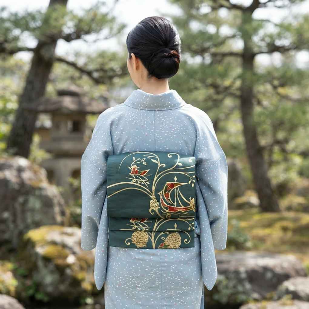 京袋帯 リサイクル帯 幅30.5cm 長さ361cm レディース 船 秋冬春用 ポリエステル グリーン 美品 リメイク リユース【ランクA】