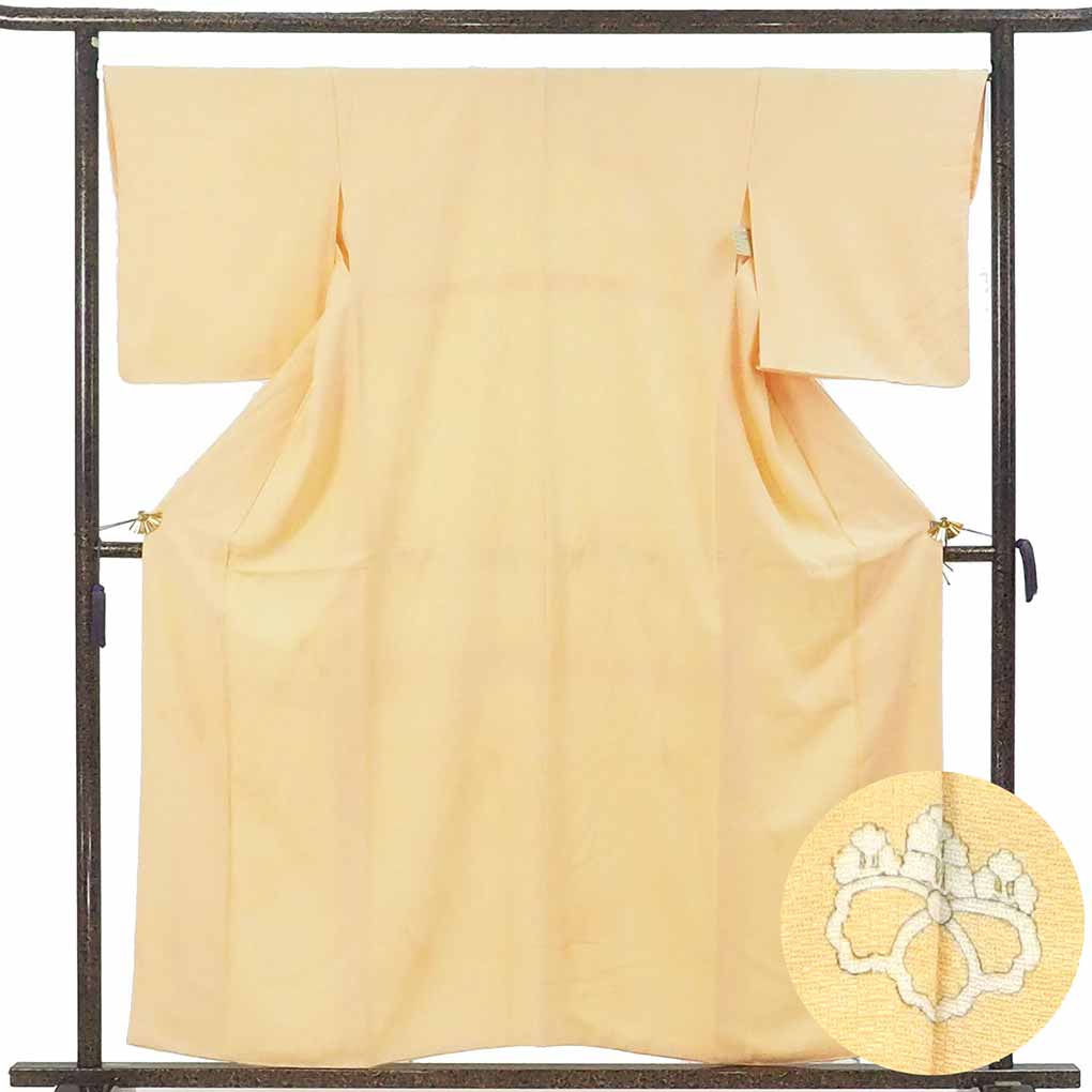 色無地 リサイクル着物 身丈158cm 裄67cm 前幅23cm 後幅30.5cm 袖丈50cm 袖幅34cm レディース 袷 鳳凰 裄長 裄Lサイズ 秋冬春用 正絹（シルク）オレンジ やや難 リメイク リユース【ランクB】
