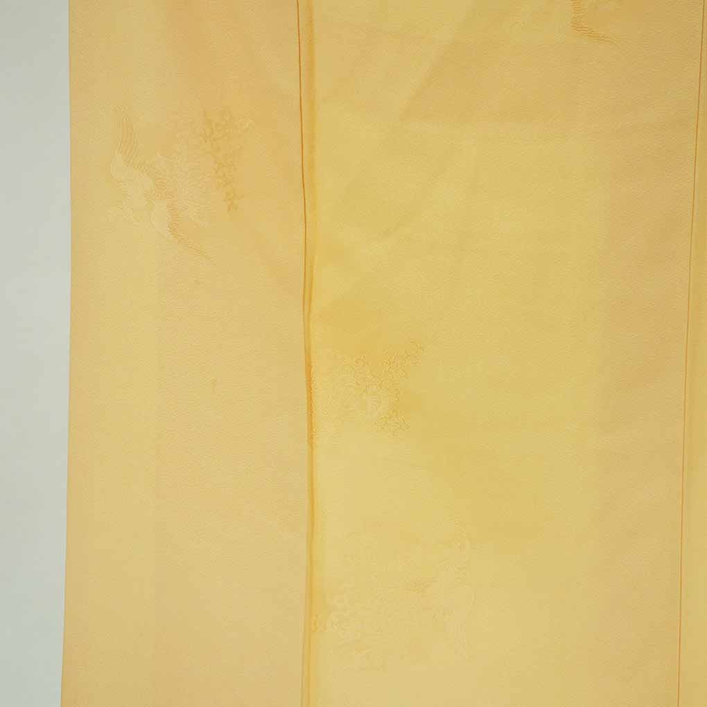 色無地 リサイクル着物 身丈158cm 裄67cm 前幅23cm 後幅30.5cm 袖丈50cm 袖幅34cm レディース 袷 鳳凰 裄長 裄Lサイズ 秋冬春用 正絹（シルク）オレンジ やや難 リメイク リユース【ランクB】