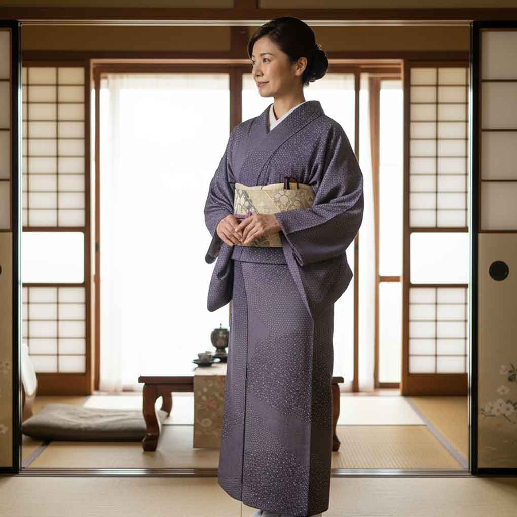 小紋 リサイクル着物 身丈161cm 裄65cm 前幅25cm 後幅30cm 袖丈45cm 袖幅32cm レディース 袷 江戸小紋 裄Mサイズ 秋冬春用 正絹（シルク）パープル 美品 リメイク リユース【ランクA】