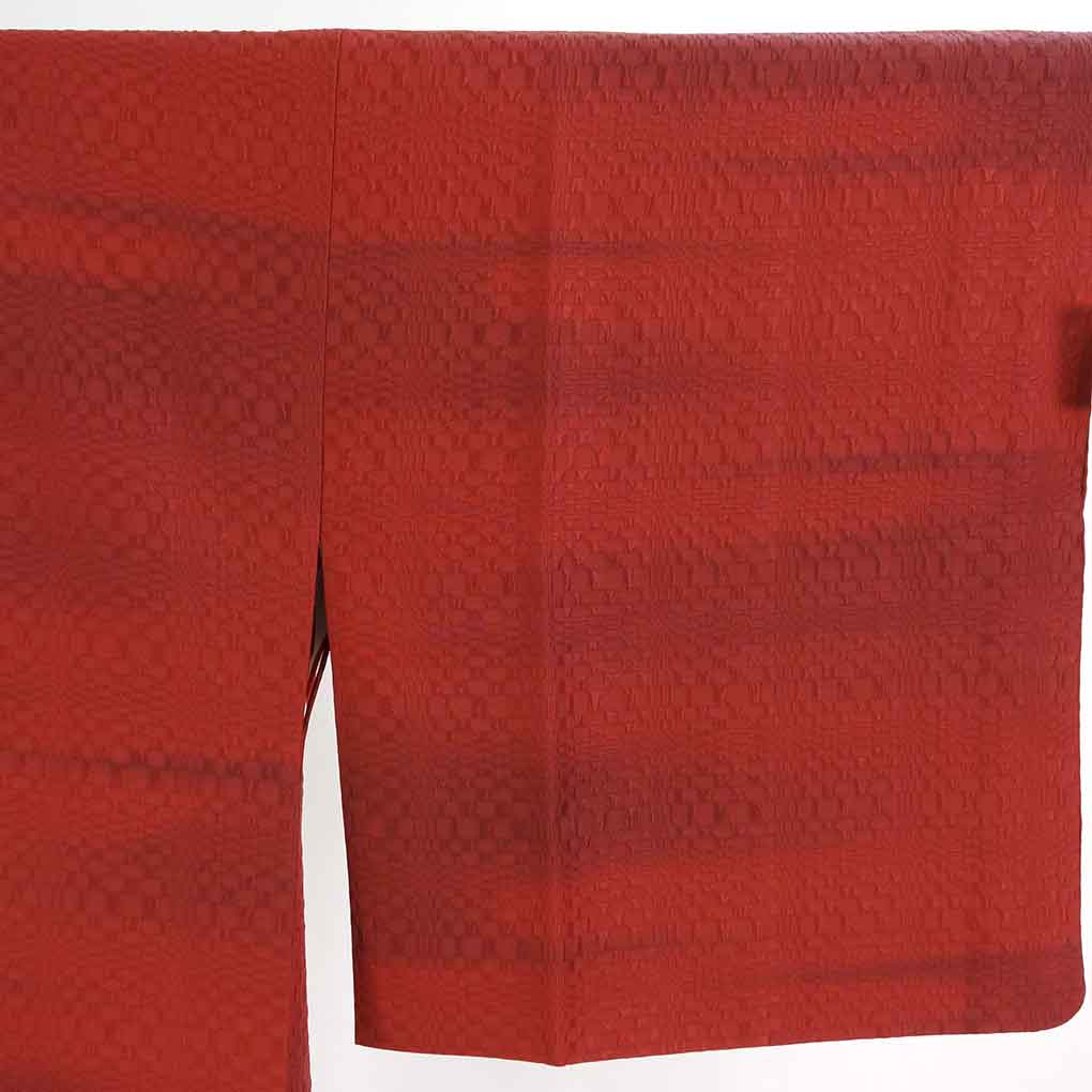 コート リサイクル着物 コート丈100cm 裄69cm 袖丈47cm 袖幅35cm レディース 袷 ぼかし 裄長 裄L-LLサイズ 秋冬春用 正絹（シルク）レッド 美品 リメイク リユース【ランクA】