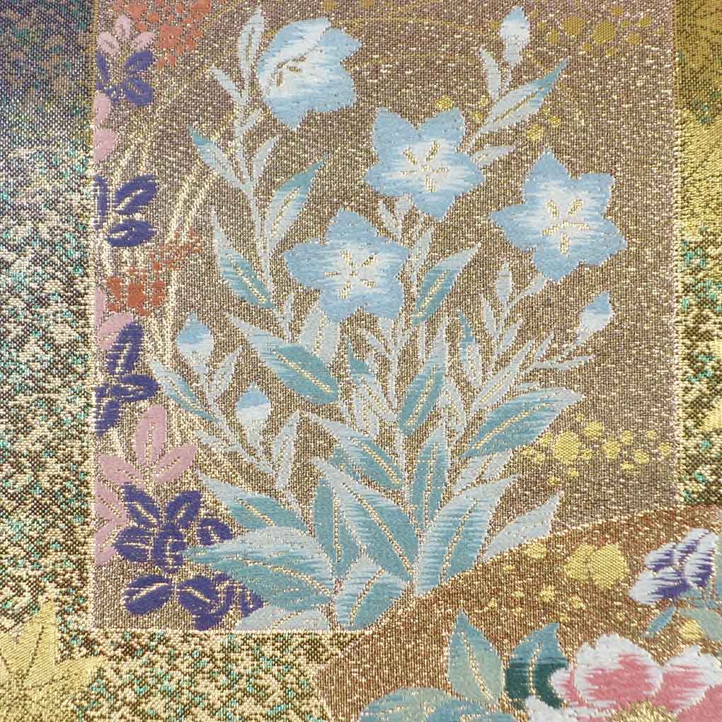袋帯 リサイクル帯 幅31cm 長さ435cm レディース 花柄 秋冬春用 正絹（シルク）ゴールド 美品 リメイク リユース【ランクA】