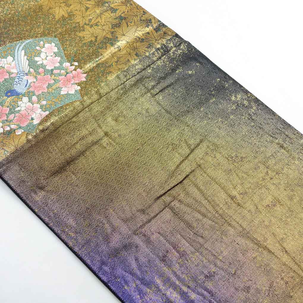 袋帯 リサイクル帯 幅31cm 長さ435cm レディース 花柄 秋冬春用 正絹（シルク）ゴールド 美品 リメイク リユース【ランクA】