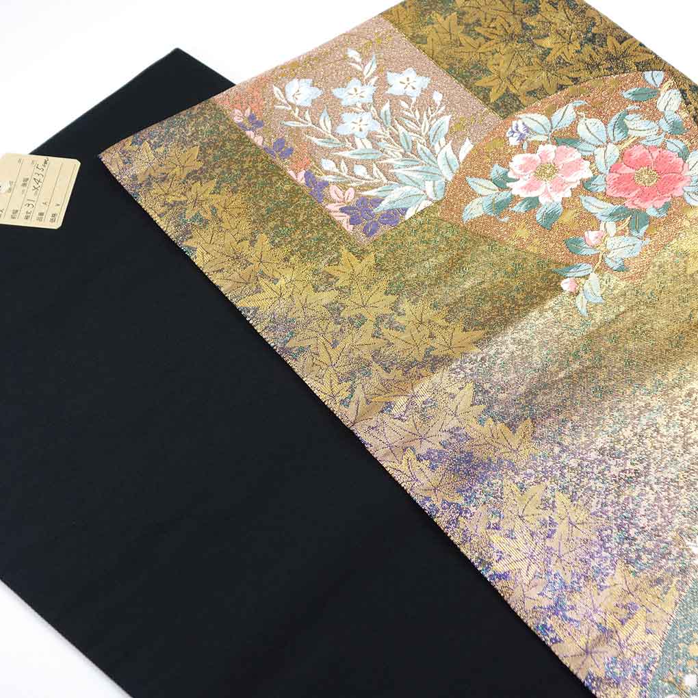 袋帯 リサイクル帯 幅31cm 長さ435cm レディース 花柄 秋冬春用 正絹（シルク）ゴールド 美品 リメイク リユース【ランクA】