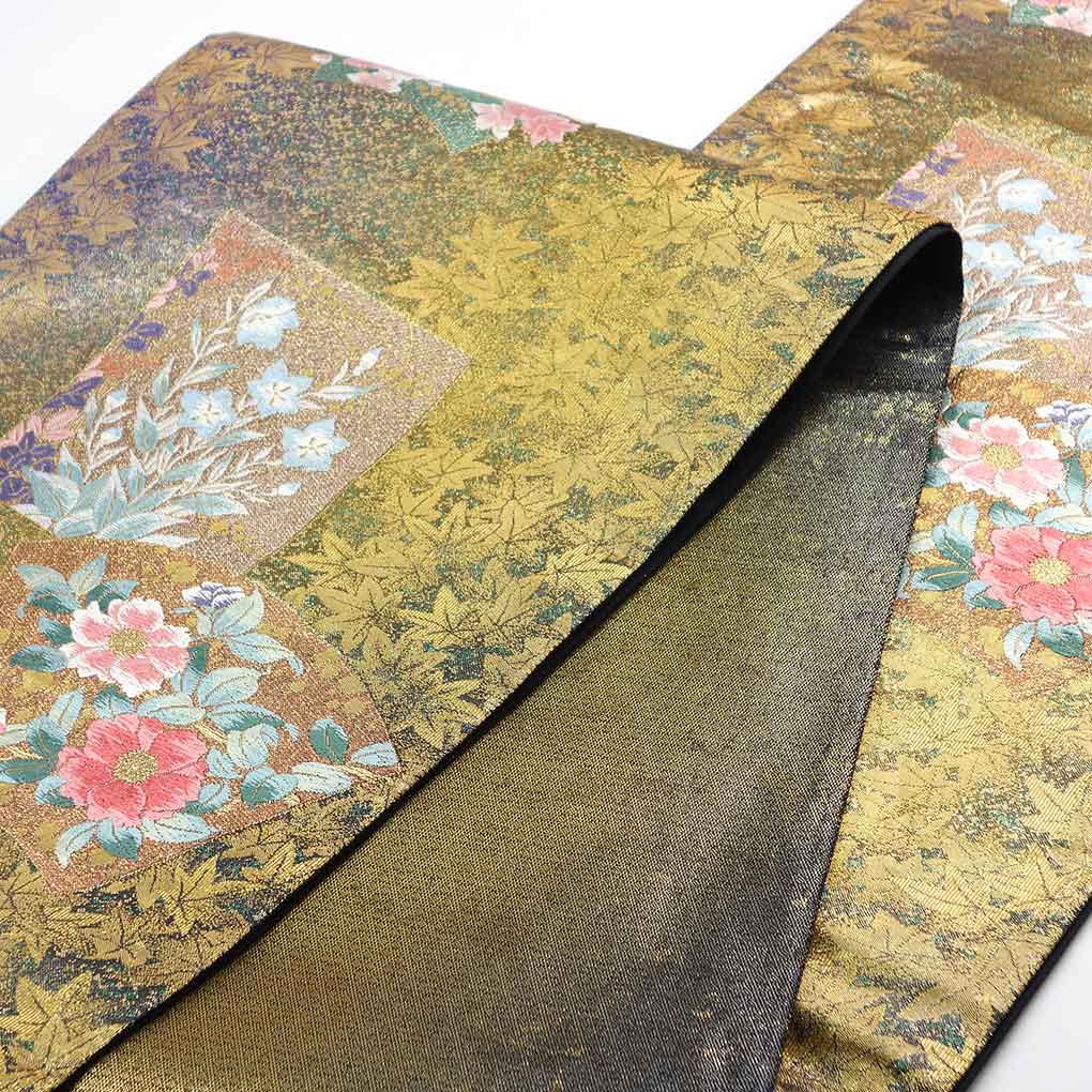 袋帯 リサイクル帯 幅31cm 長さ435cm レディース 花柄 秋冬春用 正絹（シルク）ゴールド 美品 リメイク リユース【ランクA】