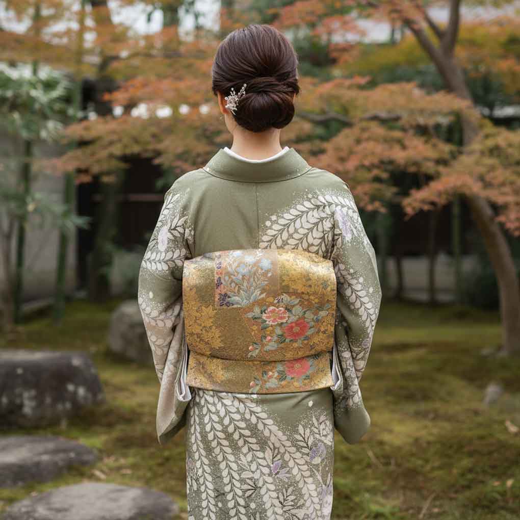袋帯 リサイクル帯 幅31cm 長さ435cm レディース 花柄 秋冬春用 正絹（シルク）ゴールド 美品 リメイク リユース【ランクA】