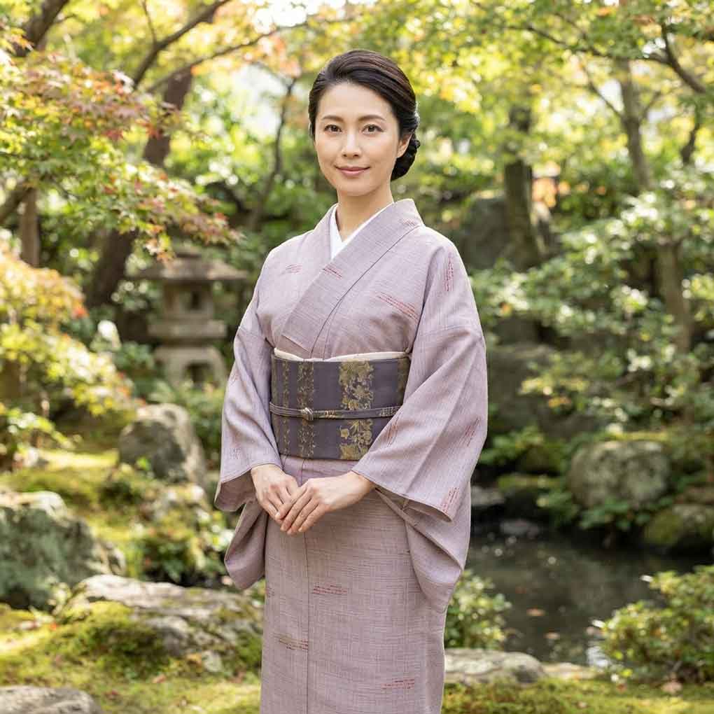 紬 リサイクル着物 身丈163cm 裄62cm 前幅24cm 後幅28.5cm 袖丈45cm 袖幅32cm レディース 単衣 抽象柄 裄Sサイズ 初夏・初秋用 正絹(シルク)パープル 未使用品 リメイク リユース【ランクS】
