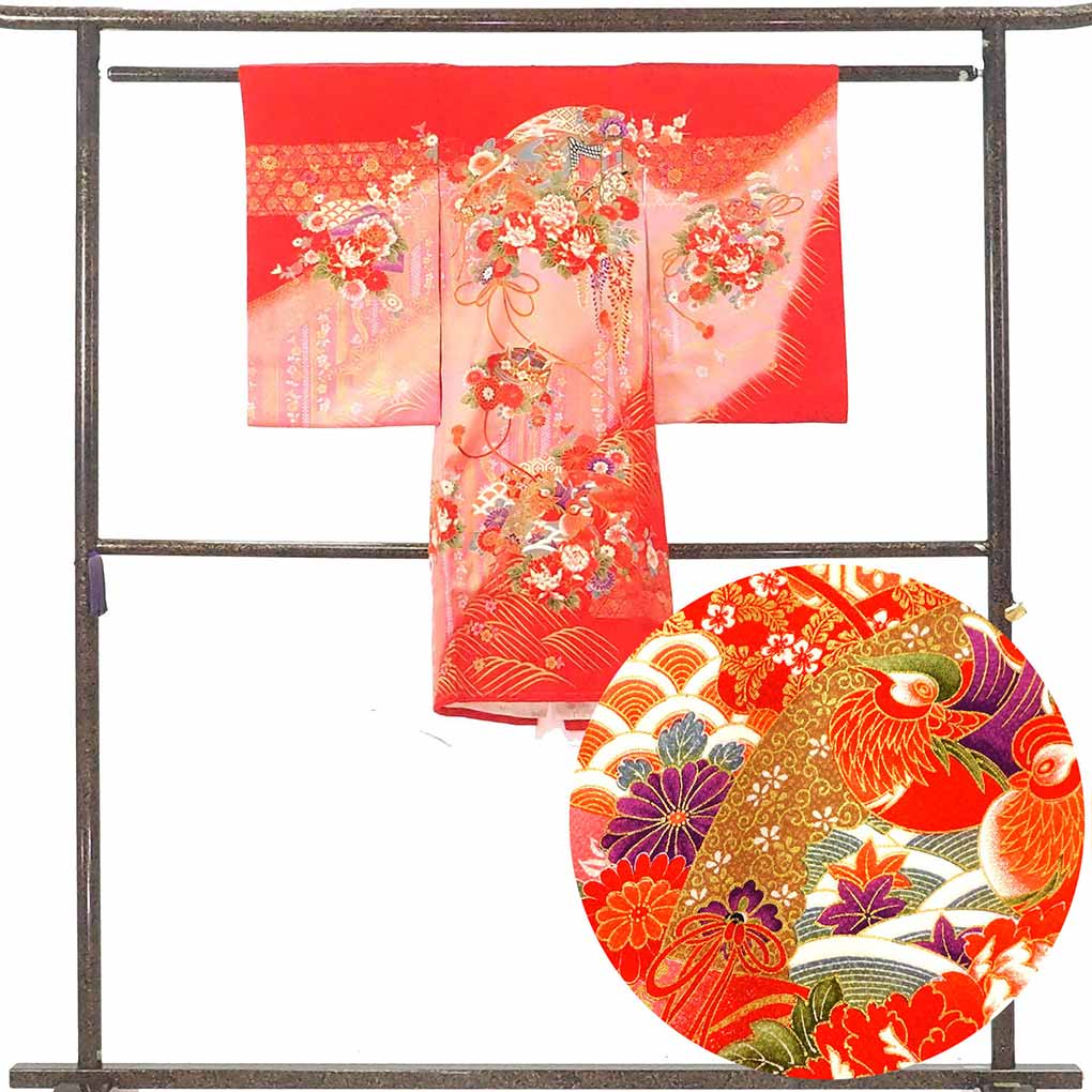 女児着物 リサイクル着物  女児用 袷 花柄 秋冬春用 正絹（シルク）レッド 美品 リメイク リユース【ランクA】