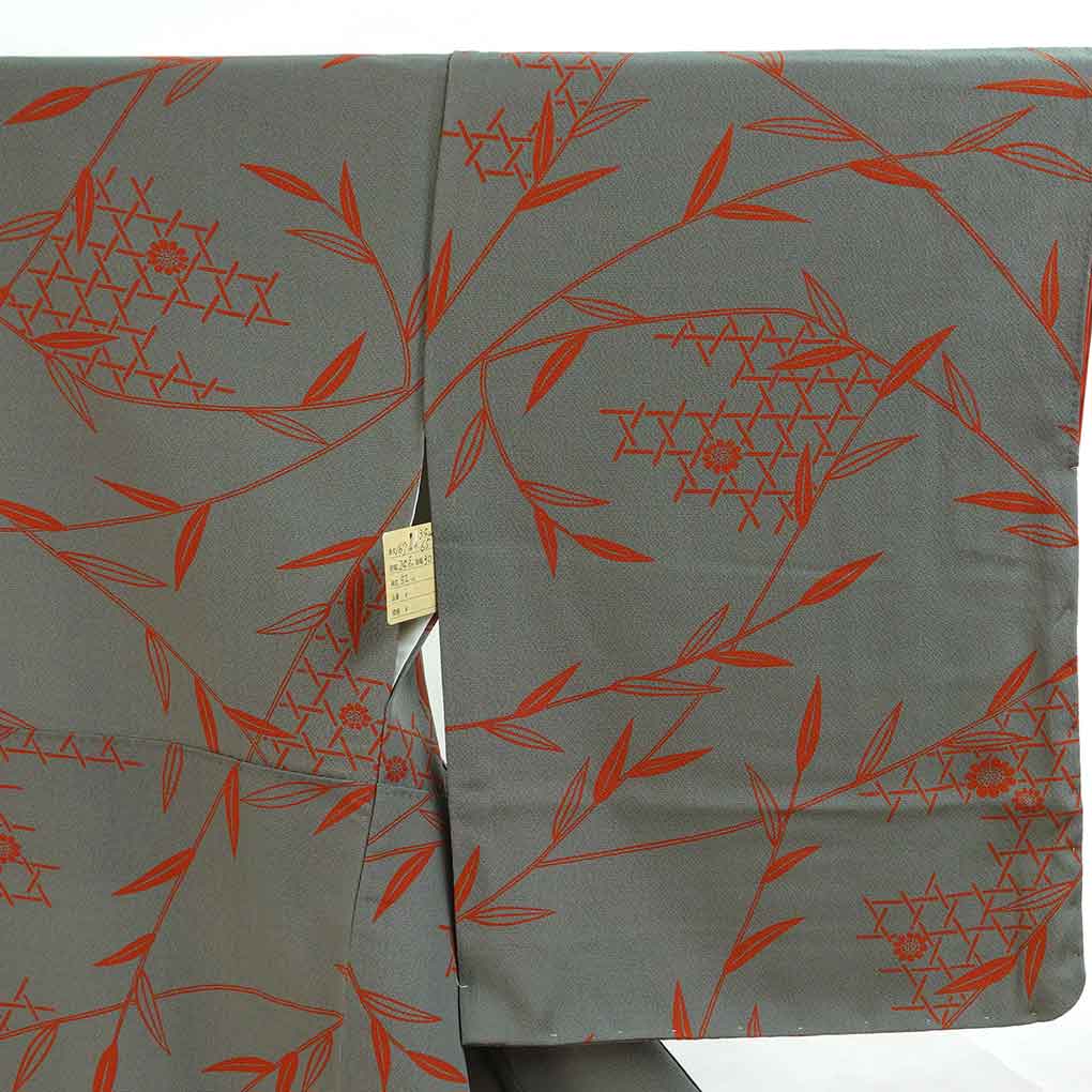 小紋 リサイクル着物 身丈167cm 裄65cm 前幅24.5cm 後幅30cm 袖丈52cm 袖幅34cm レディース 袷 笹 裄Mサイズ 秋冬春用 正絹（シルク）グレー トールサイズ 未使用品 リメイク リユース【ランクS】