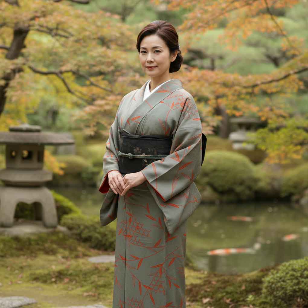 小紋 リサイクル着物 身丈167cm 裄65cm 前幅24.5cm 後幅30cm 袖丈52cm 袖幅34cm レディース 袷 笹 裄Mサイズ 秋冬春用 正絹（シルク）グレー トールサイズ 未使用品 リメイク リユース【ランクS】