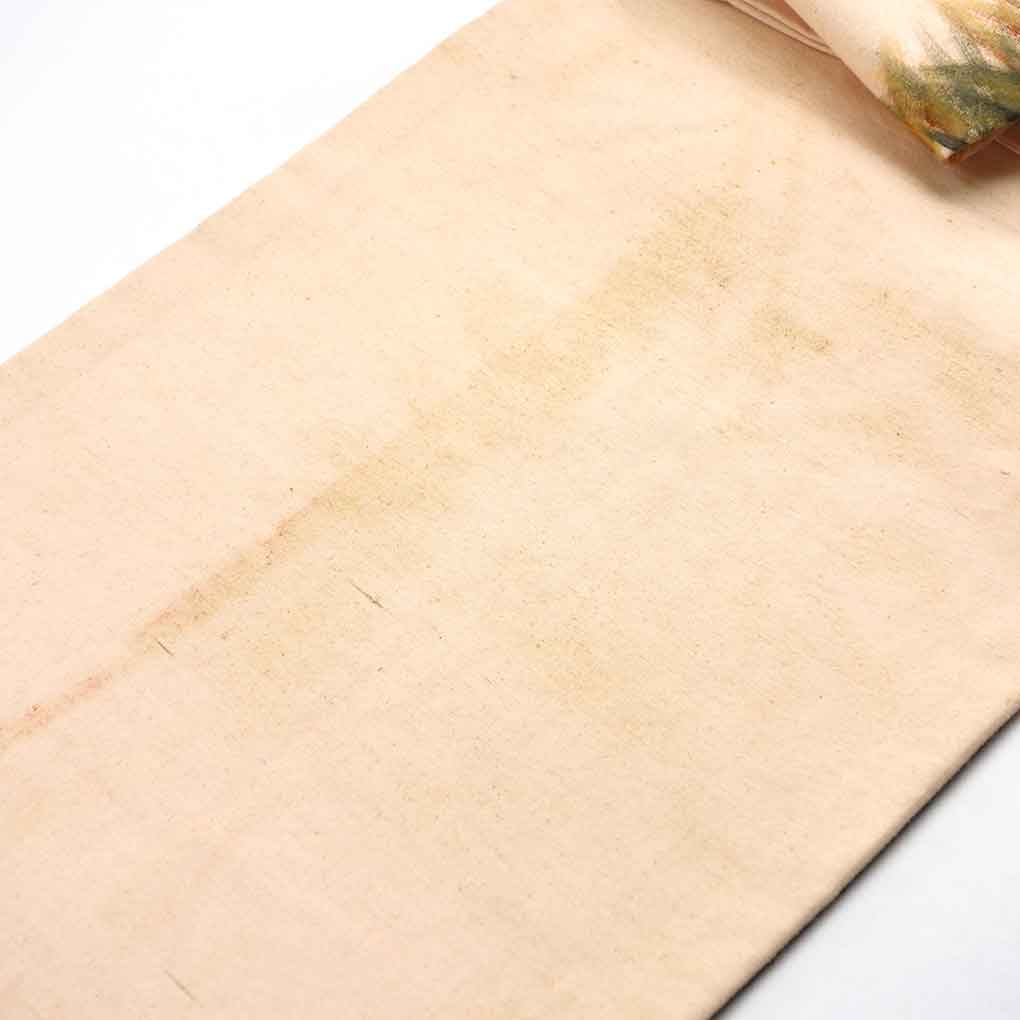名古屋帯 リサイクル帯 幅29cm 長さ325cm レディース 風景画 秋冬春用 正絹（シルク）ベージュ やや難 リメイク リユース【ランクB】