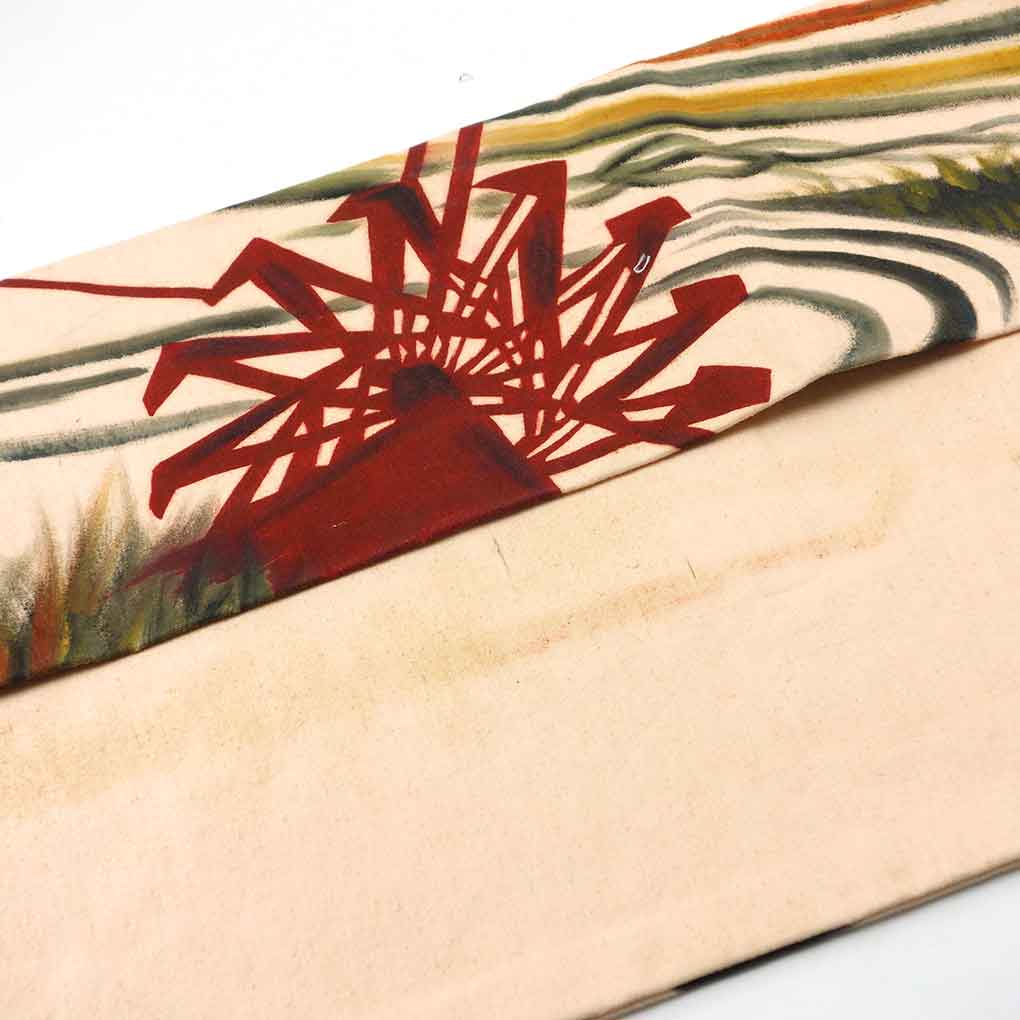 名古屋帯 リサイクル帯 幅29cm 長さ325cm レディース 風景画 秋冬春用 正絹（シルク）ベージュ やや難 リメイク リユース【ランクB】