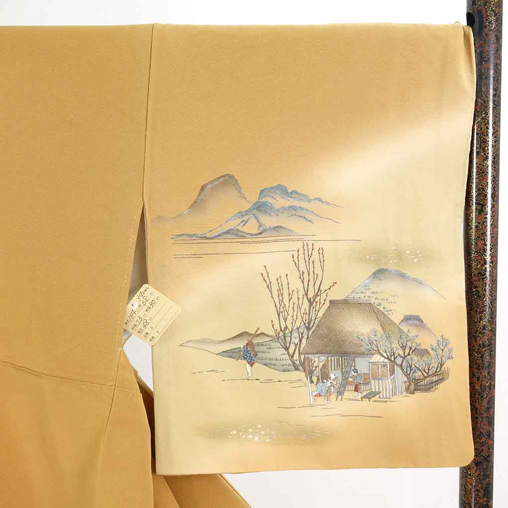訪問着 リサイクル着物 身丈165cm 裄68cm 前幅23cm 後幅30cm 袖丈48cm 袖幅34cm レディース 袷 風景画 裄長 裄Lサイズ 秋冬春用 正絹(シルク)ブラウン トールサイズ 未使用品 リメイク リユース【ランクS】