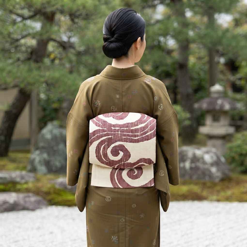 名古屋帯 リサイクル帯 幅31cm 長さ346cm レディース 抽象柄 秋冬春用 正絹（シルク）ホワイト やや難 リメイク リユース【ランクB】