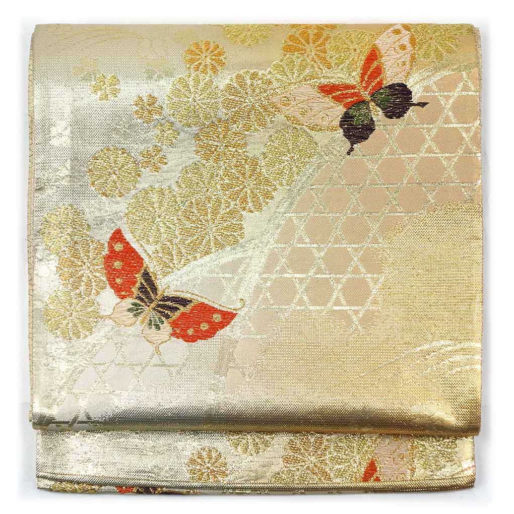 袋帯 リサイクル帯 幅30.5cm 長さ422cm レディース 蝶柄 秋冬春用 正絹（シルク）ゴールド 美品 リメイク リユース【ランクA】