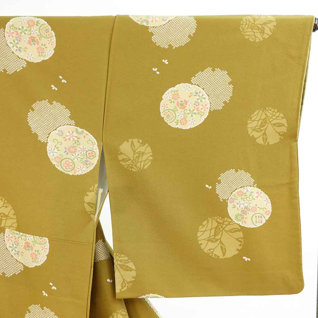 小紋 リサイクル着物 身丈165cm 裄65cm 前幅24.5cm 後幅30cm 袖丈49cm 袖幅32.5cm レディース 袷 花丸紋 裄Mサイズ 秋冬春用 正絹（シルク）イエロー トールサイズ 美品 リメイク リユース【ランクA】