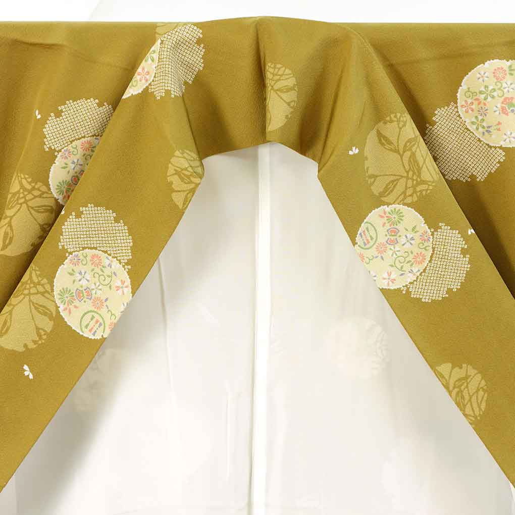 小紋 リサイクル着物 身丈165cm 裄65cm 前幅24.5cm 後幅30cm 袖丈49cm 袖幅32.5cm レディース 袷 花丸紋 裄Mサイズ 秋冬春用 正絹（シルク）イエロー トールサイズ 美品 リメイク リユース【ランクA】