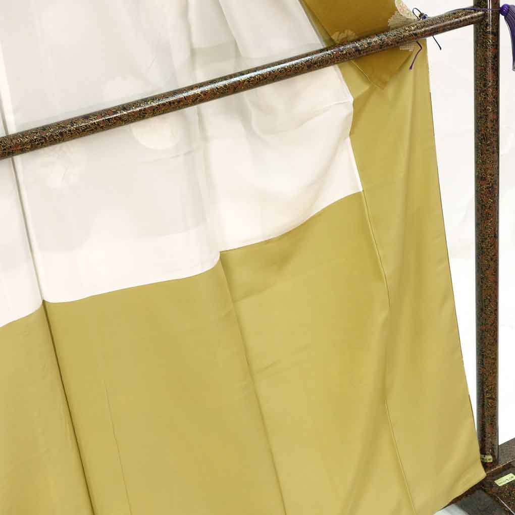 小紋 リサイクル着物 身丈165cm 裄65cm 前幅24.5cm 後幅30cm 袖丈49cm 袖幅32.5cm レディース 袷 花丸紋 裄Mサイズ 秋冬春用 正絹（シルク）イエロー トールサイズ 美品 リメイク リユース【ランクA】