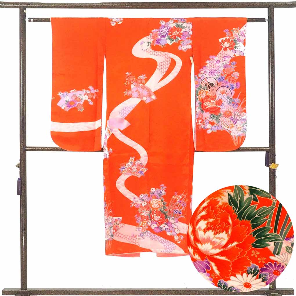 女児着物 リサイクル着物  レディース 袷 花柄 秋冬春用 正絹（シルク）オレンジ 美品 リメイク リユース【ランクA】