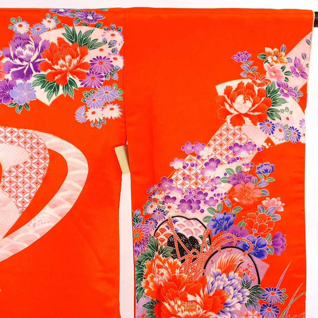 女児着物 リサイクル着物  レディース 袷 花柄 秋冬春用 正絹（シルク）オレンジ 美品 リメイク リユース【ランクA】