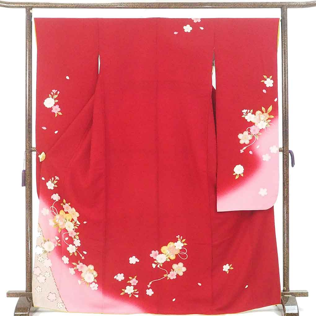 振袖 リサイクル着物 身丈170cm 裄67cm 前幅25cm 後幅30cm 袖丈109cm 袖幅34cm レディース 袷 桜 裄長 裄Lサイズ 秋冬春用 正絹(シルク)レッド トールサイズ 美品 リメイク リユース【ランクA】