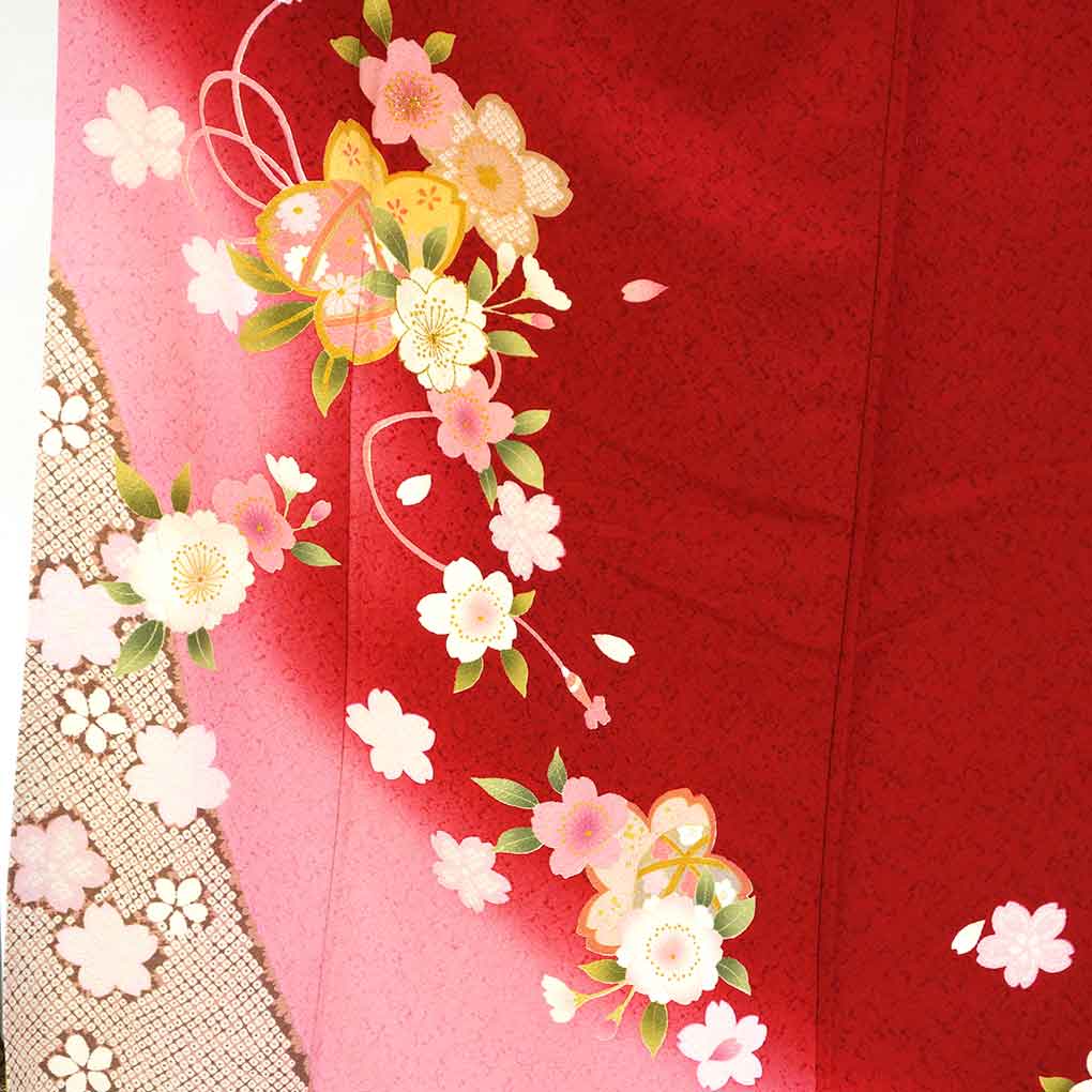 振袖 リサイクル着物 身丈170cm 裄67cm 前幅25cm 後幅30cm 袖丈109cm 袖幅34cm レディース 袷 桜 裄長 裄Lサイズ 秋冬春用 正絹(シルク)レッド トールサイズ 美品 リメイク リユース【ランクA】