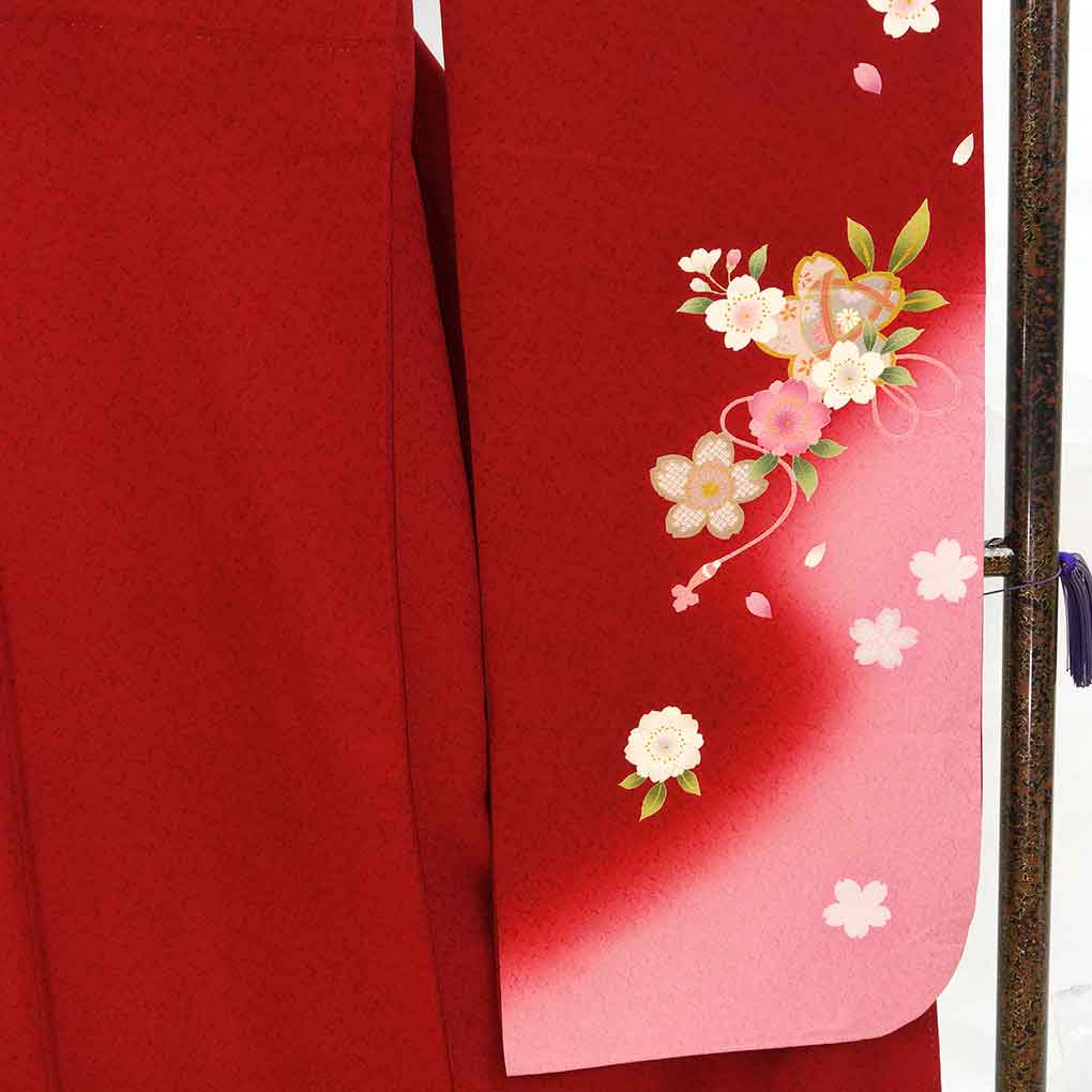 振袖 リサイクル着物 身丈170cm 裄67cm 前幅25cm 後幅30cm 袖丈109cm 袖幅34cm レディース 袷 桜 裄長 裄Lサイズ 秋冬春用 正絹(シルク)レッド トールサイズ 美品 リメイク リユース【ランクA】