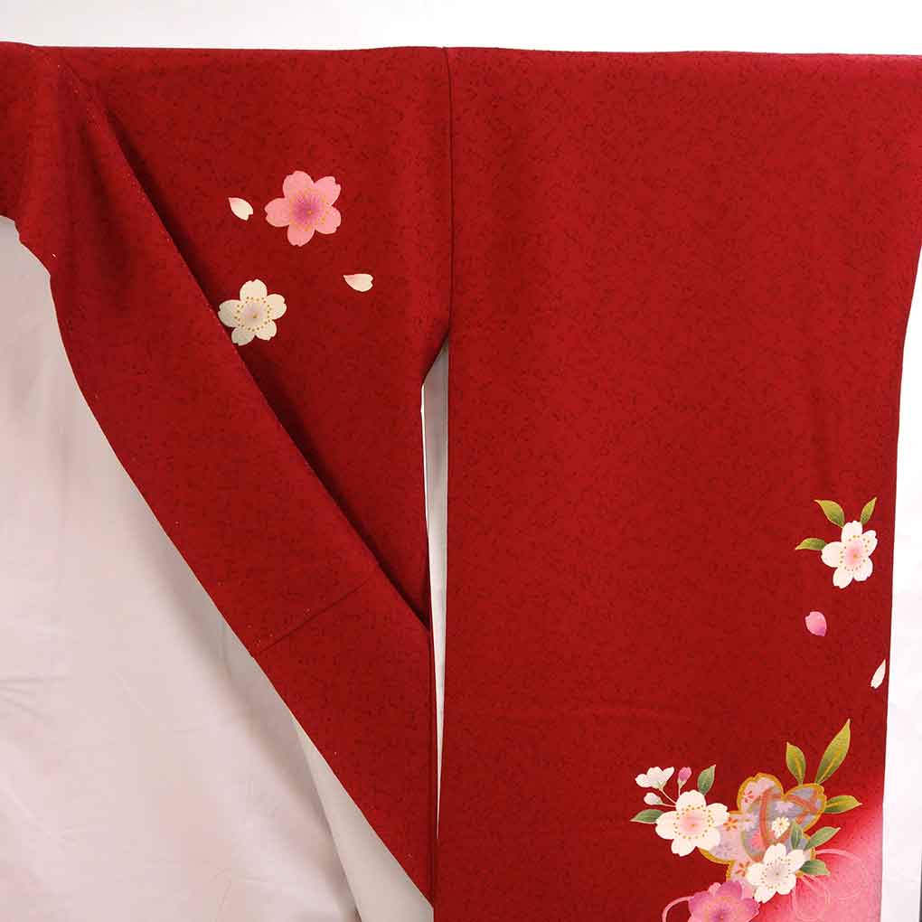 振袖 リサイクル着物 身丈170cm 裄67cm 前幅25cm 後幅30cm 袖丈109cm 袖幅34cm レディース 袷 桜 裄長 裄Lサイズ 秋冬春用 正絹(シルク)レッド トールサイズ 美品 リメイク リユース【ランクA】