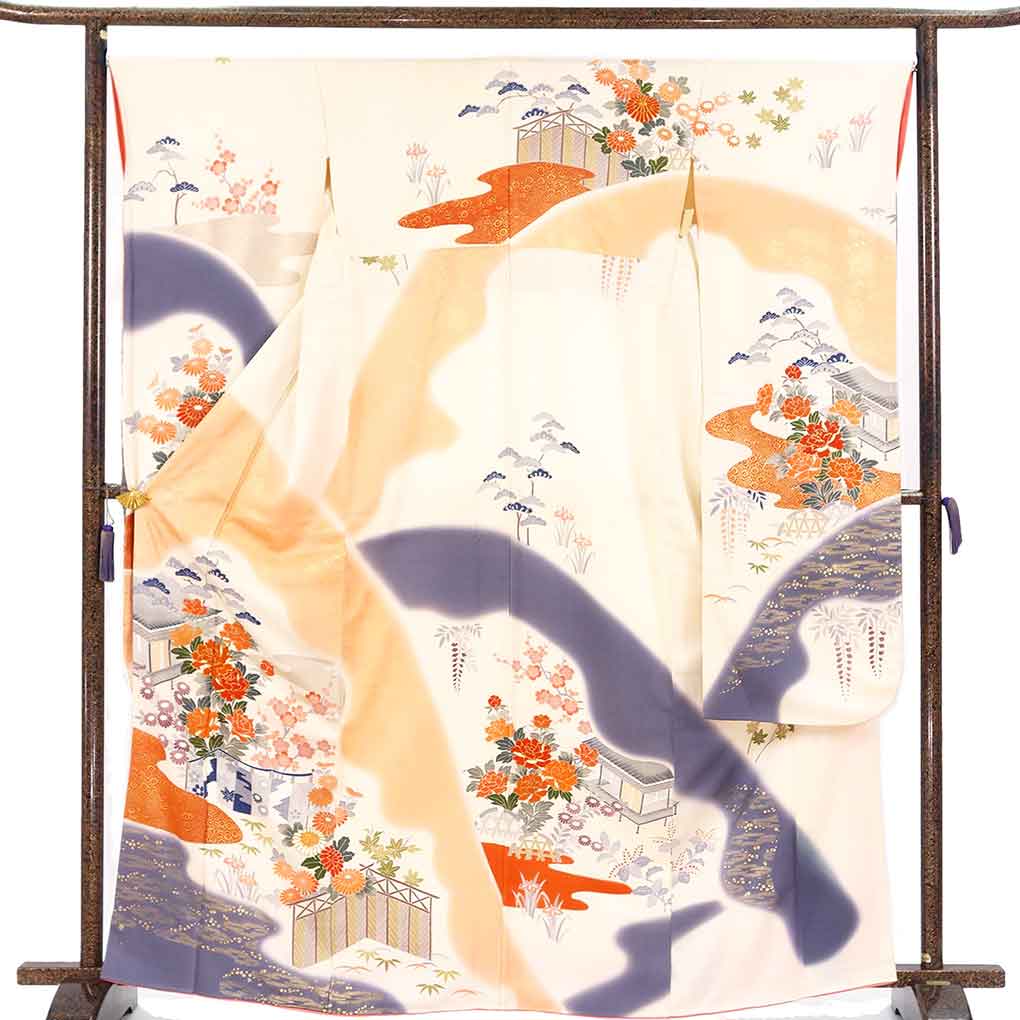 振袖 リサイクル着物 身丈165cm 裄66cm 前幅23cm 後幅28.5cm 袖丈112cm 袖幅34cm レディース 袷 花柄 裄長 裄M-Lサイズ 秋冬春用 正絹(シルク)ホワイト トールサイズ やや難 リメイク リユース【ランクB】