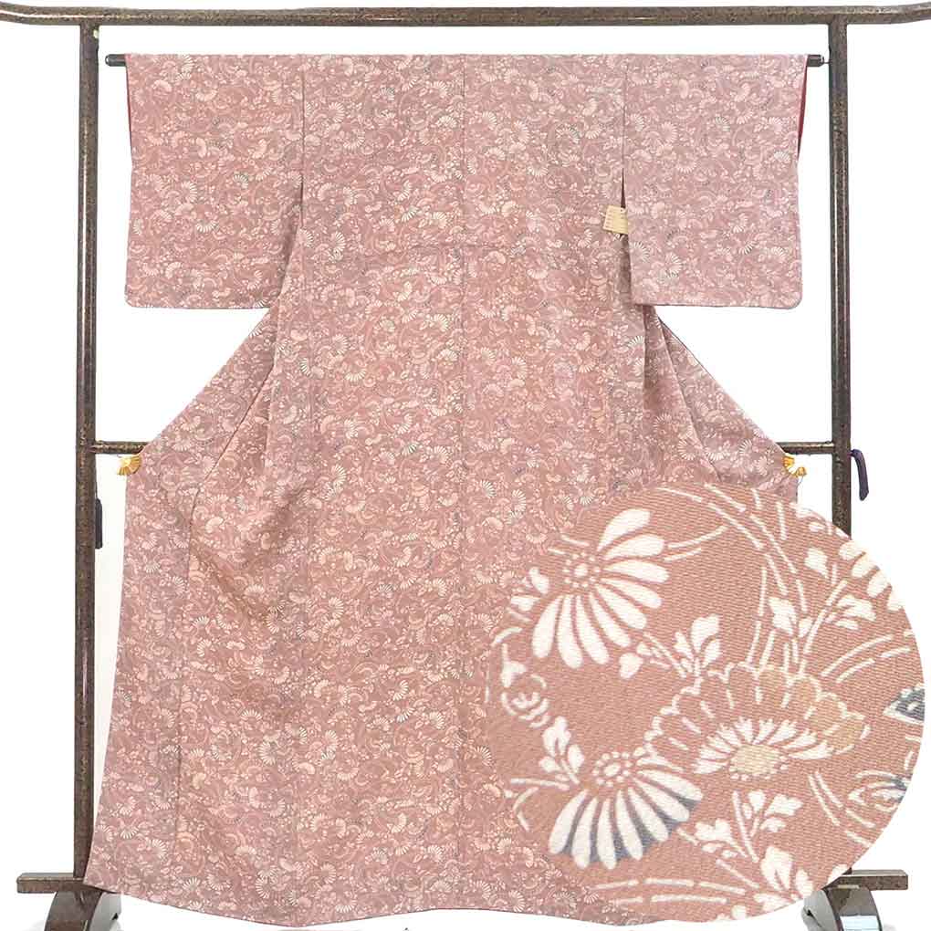 小紋 リサイクル着物 身丈165cm 裄63cm 前幅24cm 後幅30cm 袖丈49cm 袖幅32cm レディース 袷 花柄 裄Mサイズ 秋冬春用 正絹（シルク）ピンク トールサイズ 美品 リメイク リユース【ランクA】