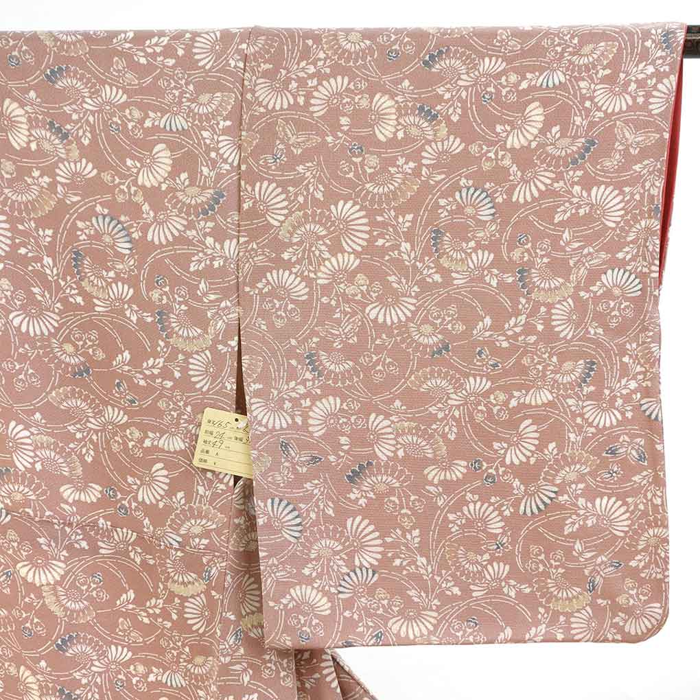 小紋 リサイクル着物 身丈165cm 裄63cm 前幅24cm 後幅30cm 袖丈49cm 袖幅32cm レディース 袷 花柄 裄Mサイズ 秋冬春用 正絹（シルク）ピンク トールサイズ 美品 リメイク リユース【ランクA】