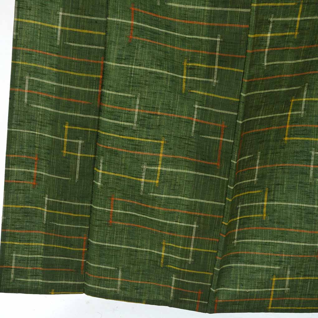 紬 リサイクル着物 身丈156cm 裄63cm 前幅23cm 後幅30.5cm 袖丈45cm 袖幅32cm レディース 単衣 連続模様 裄Mサイズ 初夏・初秋用 正絹（シルク）グリーン 美品 リメイク リユース【ランクA】