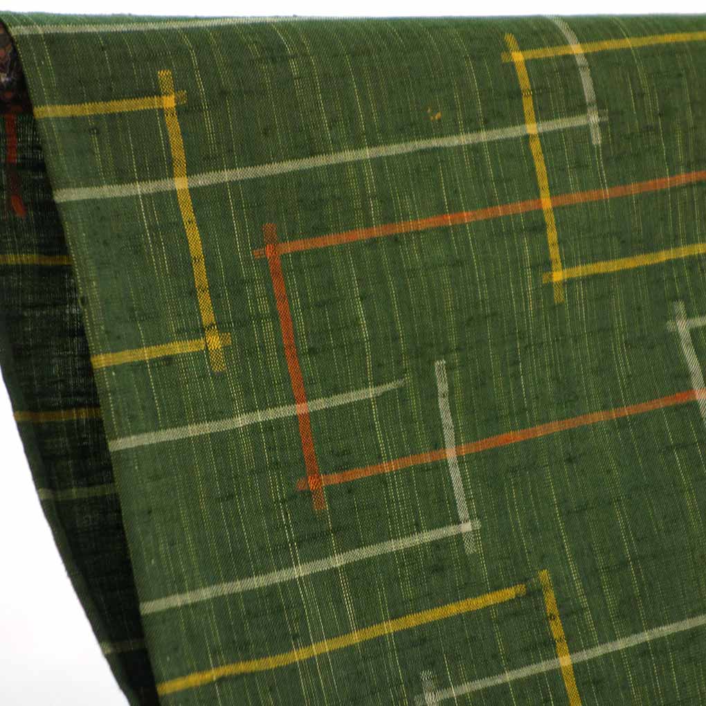紬 リサイクル着物 身丈156cm 裄63cm 前幅23cm 後幅30.5cm 袖丈45cm 袖幅32cm レディース 単衣 連続模様 裄Mサイズ 初夏・初秋用 正絹（シルク）グリーン 美品 リメイク リユース【ランクA】
