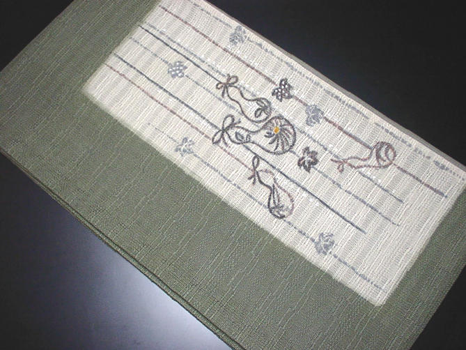 落ち着いた抹茶色カジュアル用袋帯【新品】