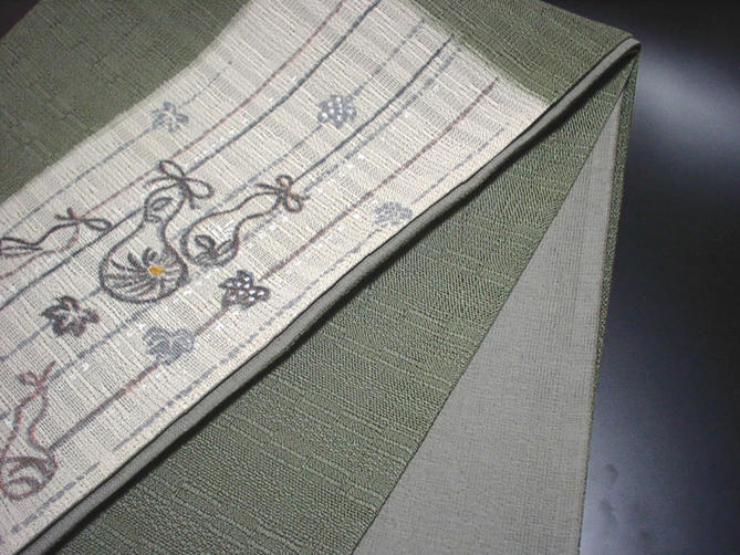 落ち着いた抹茶色カジュアル用袋帯【新品】