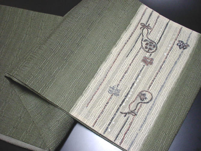 落ち着いた抹茶色カジュアル用袋帯【新品】