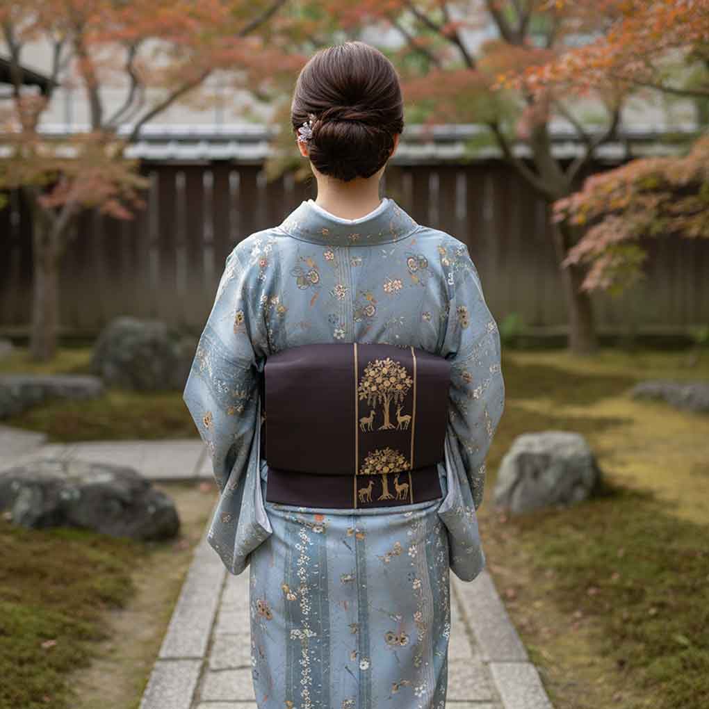 袋帯 リサイクル帯 幅31cm 長さ431cm レディース 鹿 秋冬春用 正絹(シルク)ブラウン 美品 リメイク リユース【ランクA】