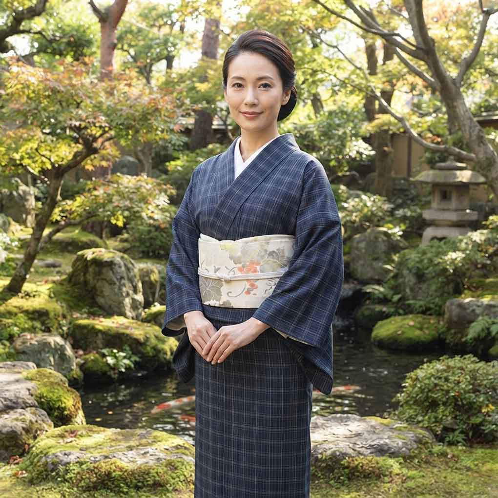紬 リサイクル着物 身丈158cm 裄63cm 前幅28.5cm 後幅30.5cm 袖丈45.5cm 袖幅32cm レディース 袷 格子 裄Mサイズ 秋冬春用 正絹(シルク)ネイビー 美品 リメイク リユース【ランクA】