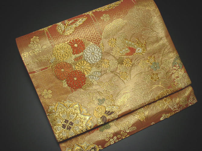 正絹袋帯 朱色地に花模様【!】【新品】