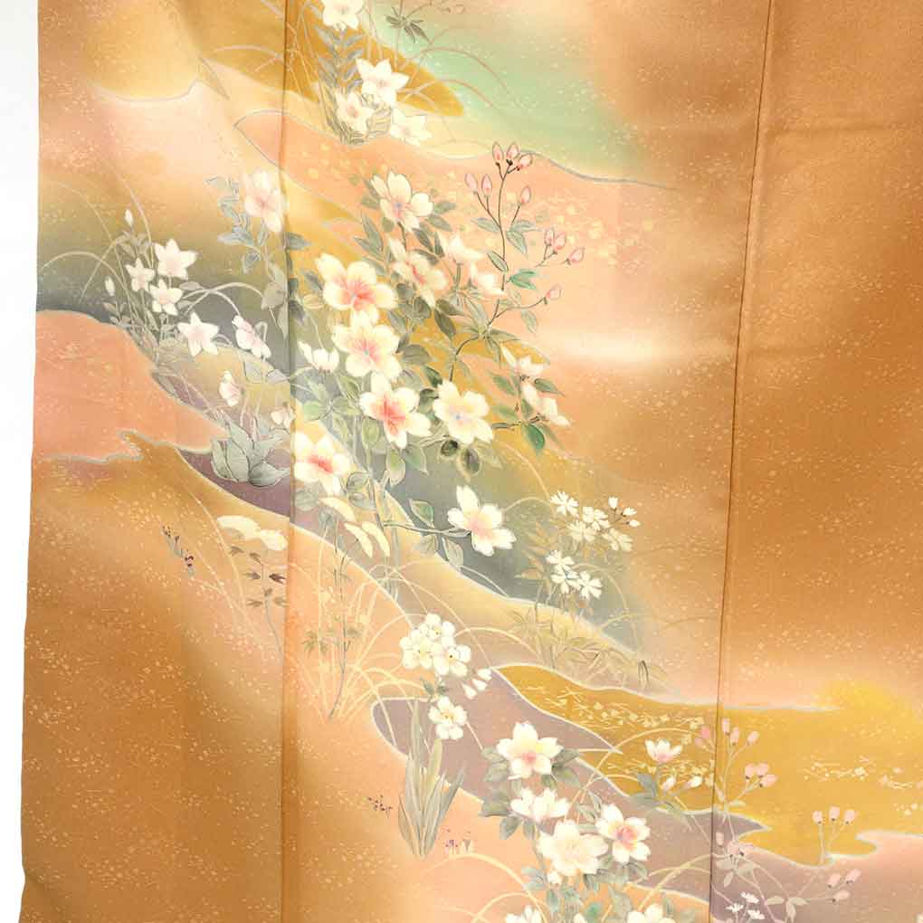 訪問着 リサイクル着物 身丈167cm 裄66cm 前幅25cm 後幅29.5cm 袖丈49cm 袖幅34cm レディース 袷 花柄 裄長 裄M-Lサイズ 秋冬春用 正絹(シルク)ブラウン トールサイズ 美品 リメイク リユース【ランクA】