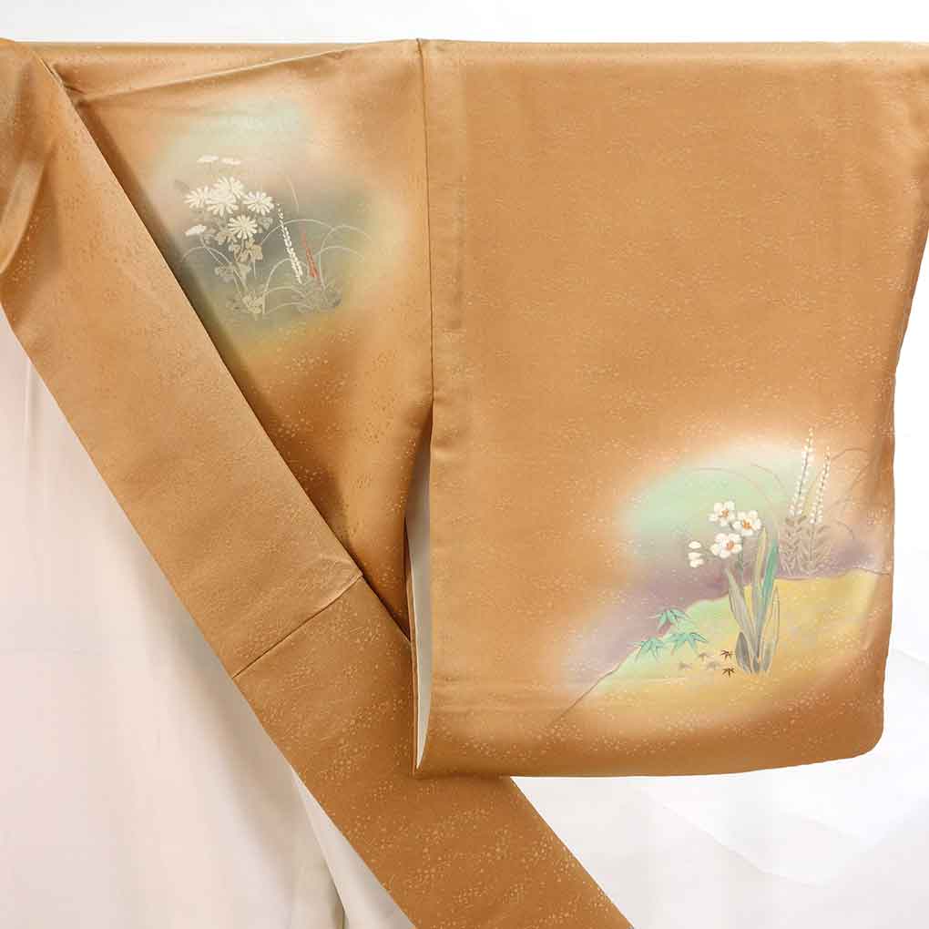 訪問着 リサイクル着物 身丈167cm 裄66cm 前幅25cm 後幅29.5cm 袖丈49cm 袖幅34cm レディース 袷 花柄 裄長 裄M-Lサイズ 秋冬春用 正絹(シルク)ブラウン トールサイズ 美品 リメイク リユース【ランクA】