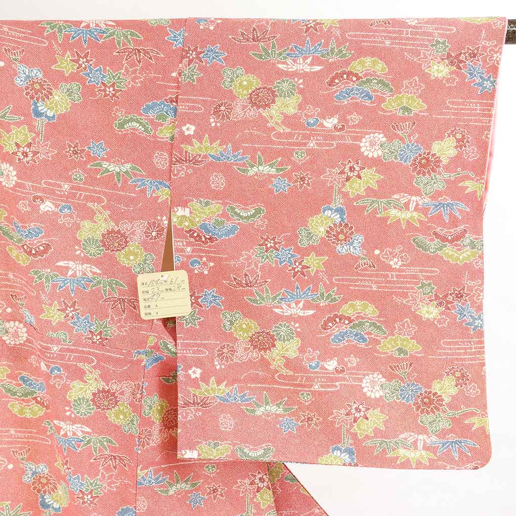 リサイクル着物 小紋 ピンク地 鮫小紋 花柄 袷 正絹 着物 レディース 秋冬春用 シルク ピンク 裄Sサイズ リユース身丈154cm 裄61cm 前幅23cm 後幅28cm 袖丈47cm【ランクA】