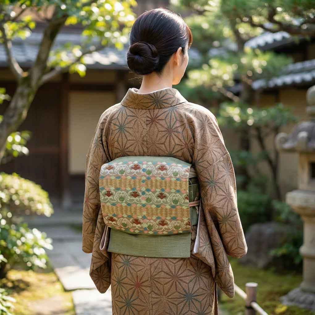 名古屋帯 リサイクル帯 幅29cm 長さ356cm レディース 抽象柄 秋冬春用 正絹(シルク)グリーン 美品 リメイク リユース【ランクA】