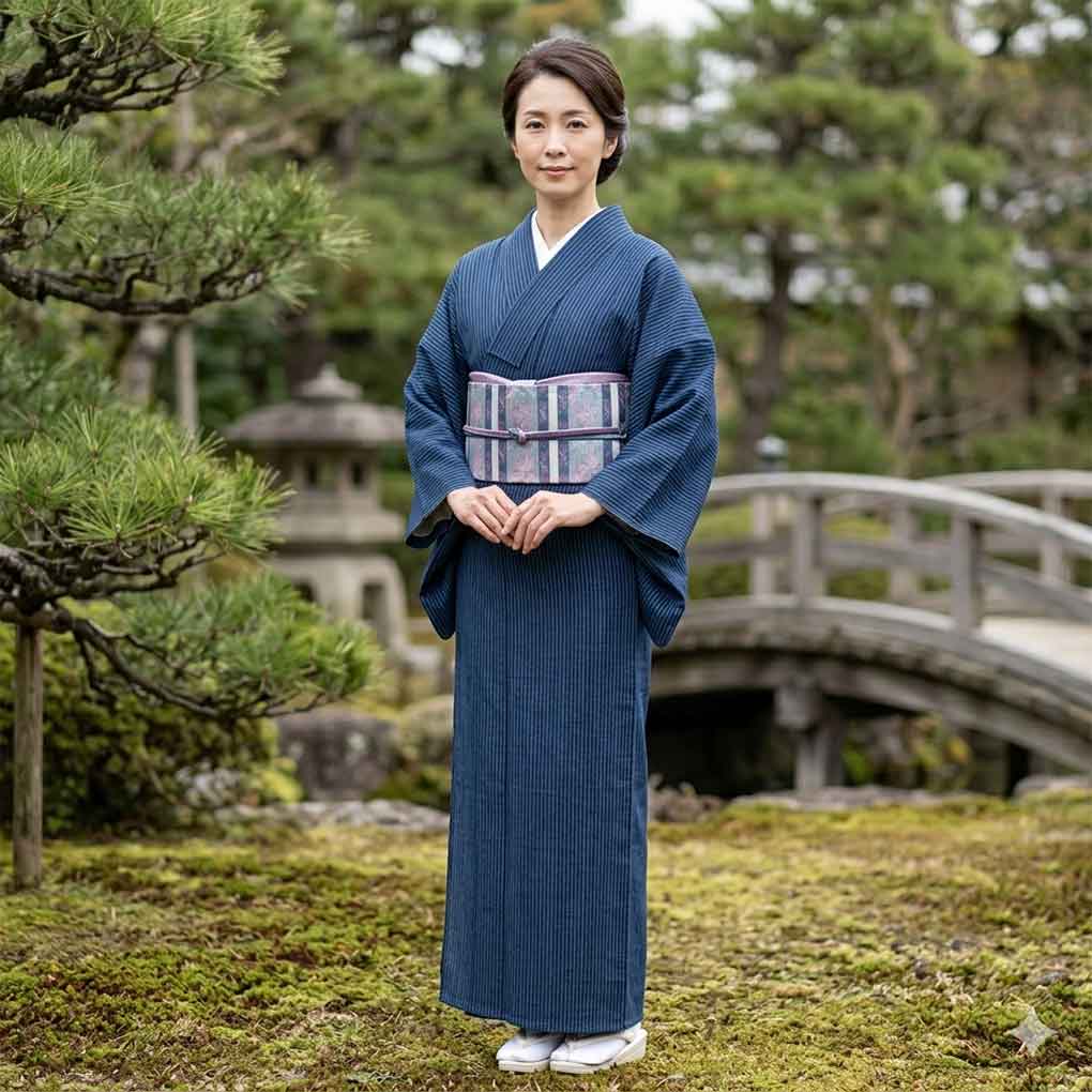 男物木綿着物 リサイクル着物 身丈131cm 裄63cm 前幅26cm 後幅32cm 袖丈46cm 袖幅32cm メンズ 縦縞 裄Mサイズ 夏用 正絹（シルク）ネイビー 美品 リメイク リユース【ランクA】