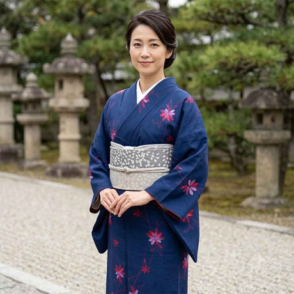 ウール着物 リサイクル着物 身丈152cm 裄62cm 前幅23.5cm 後幅29.5cm 袖丈45cm 袖幅32cm レディース 単衣 花柄 裄Sサイズ 秋冬春用 ウール ネイビー やや難 リメイク リユース【ランクB】