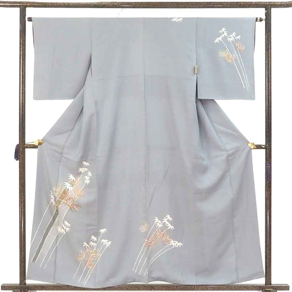 訪問着 リサイクル着物 身丈159cm 裄63cm 前幅24cm 後幅30cm 袖丈48cm 袖幅33cm レディース 袷 松葉 裄Mサイズ 秋冬春用 正絹（シルク）グレー やや難 リメイク リユース【ランクB】