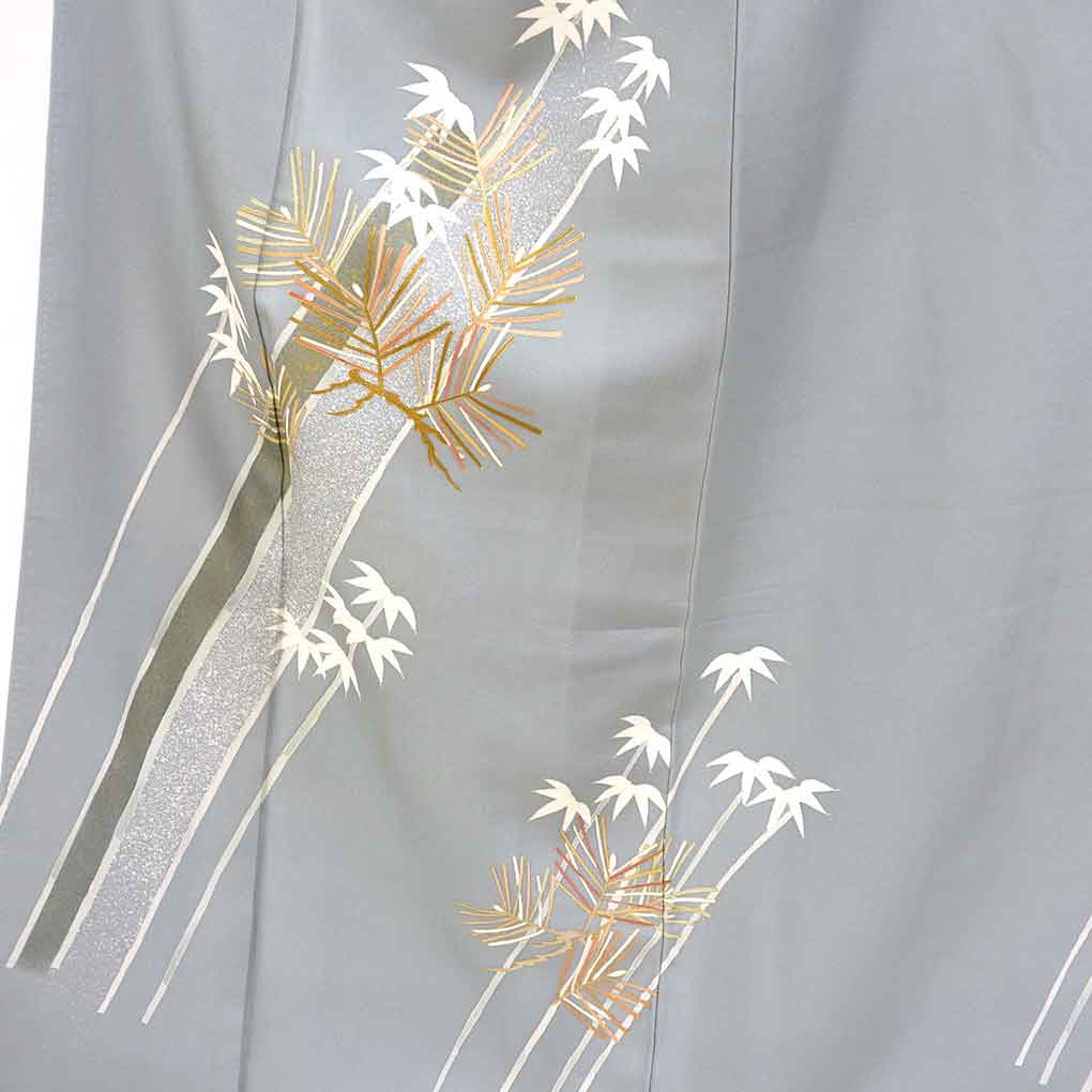 訪問着 リサイクル着物 身丈159cm 裄63cm 前幅24cm 後幅30cm 袖丈48cm 袖幅33cm レディース 袷 松葉 裄Mサイズ 秋冬春用 正絹（シルク）グレー やや難 リメイク リユース【ランクB】