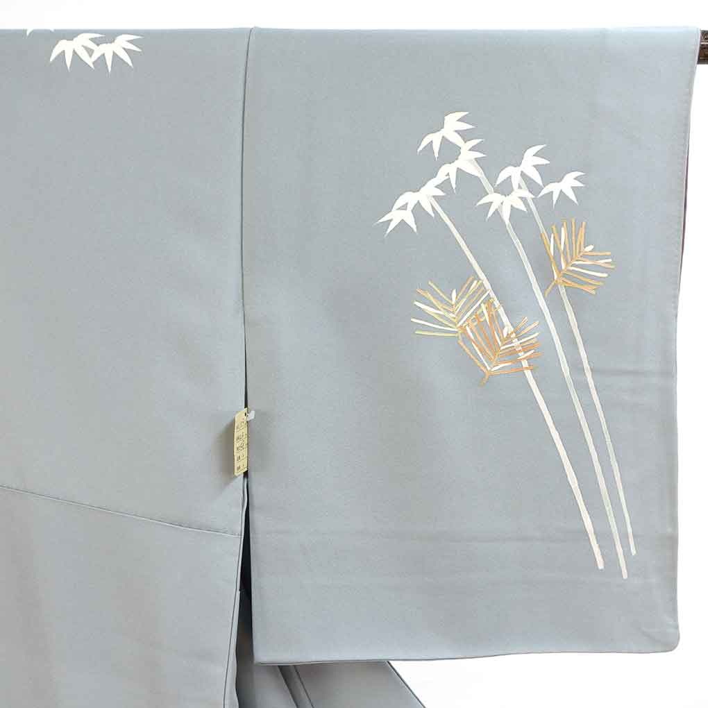 訪問着 リサイクル着物 身丈159cm 裄63cm 前幅24cm 後幅30cm 袖丈48cm 袖幅33cm レディース 袷 松葉 裄Mサイズ 秋冬春用 正絹（シルク）グレー やや難 リメイク リユース【ランクB】