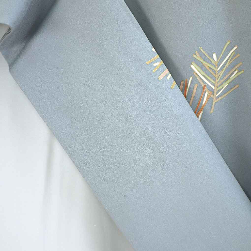 訪問着 リサイクル着物 身丈159cm 裄63cm 前幅24cm 後幅30cm 袖丈48cm 袖幅33cm レディース 袷 松葉 裄Mサイズ 秋冬春用 正絹（シルク）グレー やや難 リメイク リユース【ランクB】